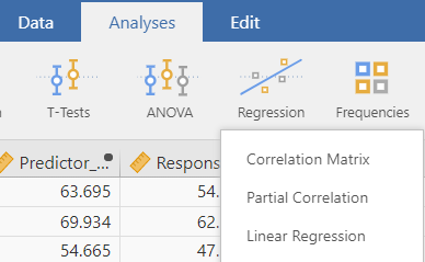 The "Analyses" tab is selected; "linear regression" is the third option.
